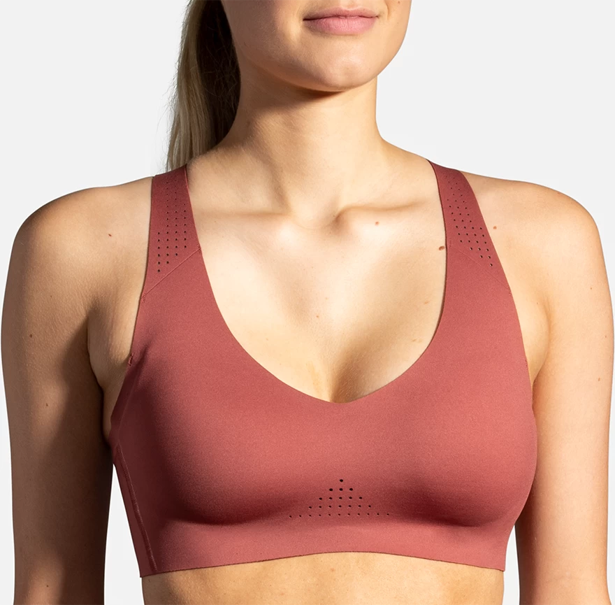 BROOKS Women's Dare V Neck Run Bra (691 - Terracotta/Fluoro Pink) - Image 3